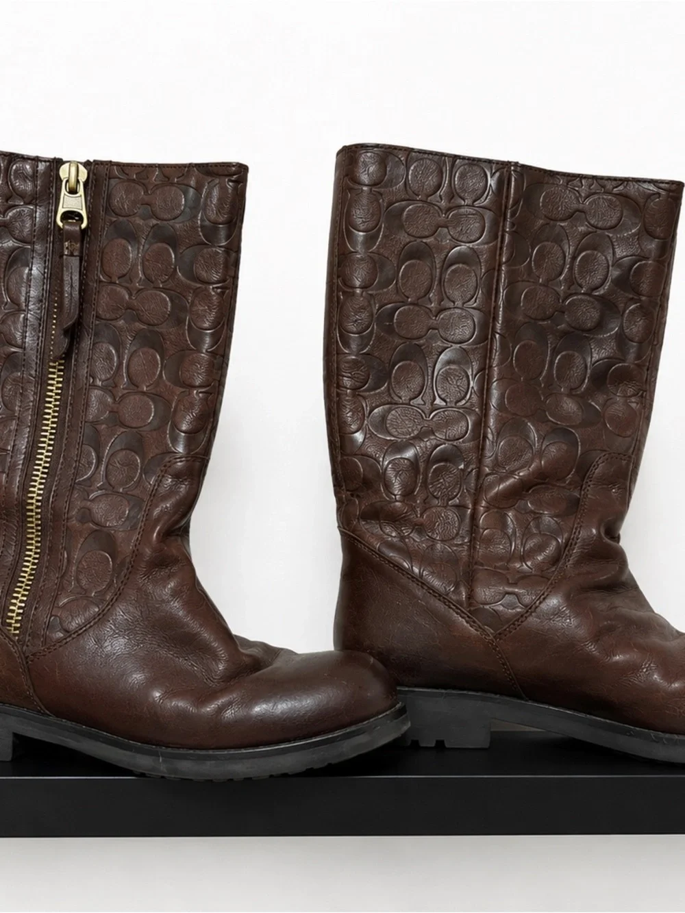 Coach Brown Embossed Leather Lace-Up Mid-Calf Boots